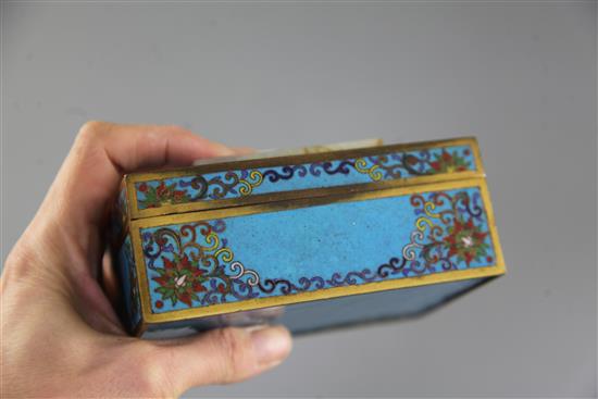 A 19th century Chinese rectangular cloisonne enamel box, mounted with a 17th/18th century white jade plaque, 10.3 x 9cm, height 6.5cm,